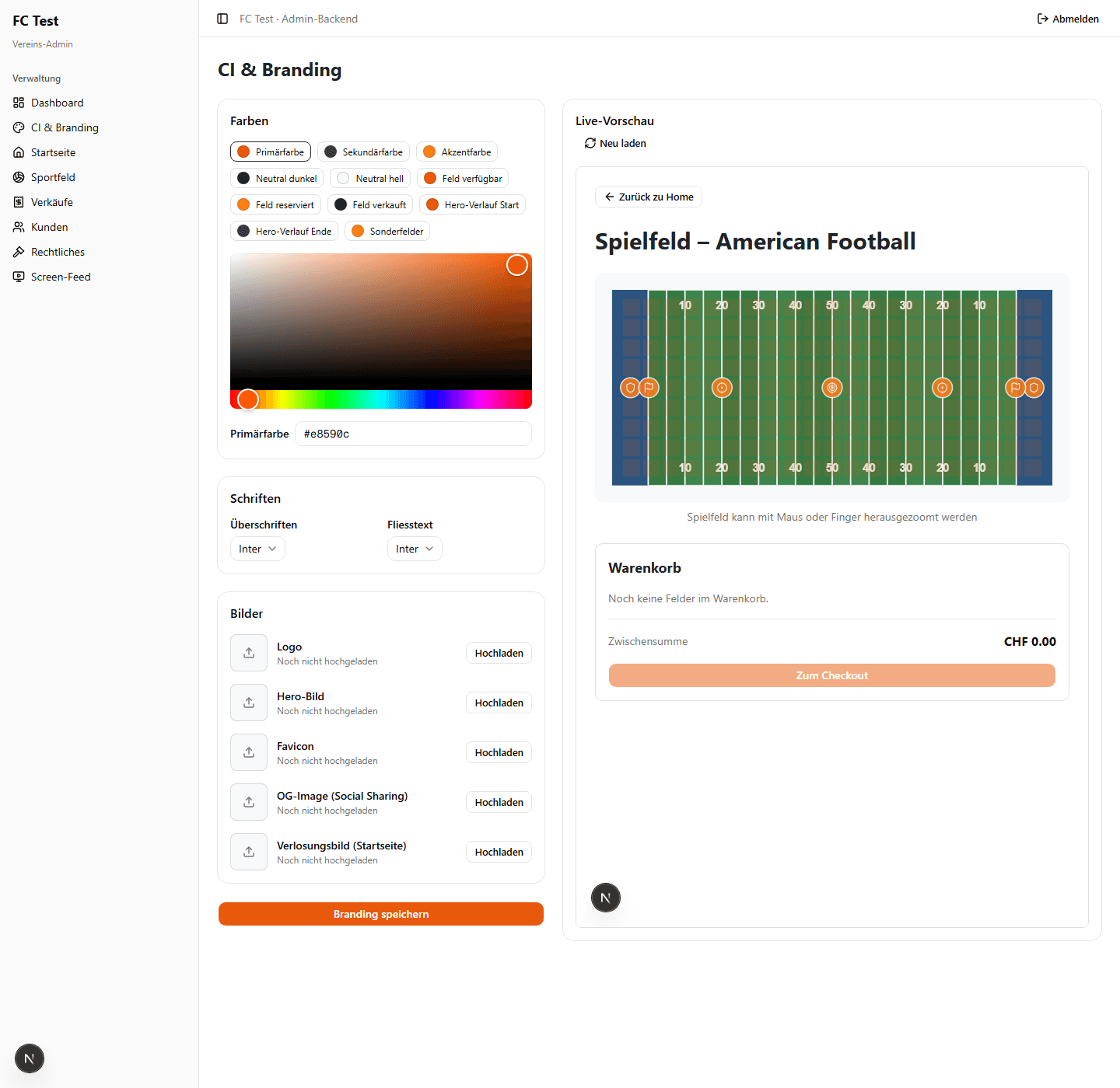 Admin-Bereich CI & Branding mit Farbwähler und Live-Vorschau des Spielfelds